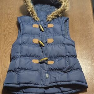 Navy Hooded Puffer Vest with Faux Fur Trim